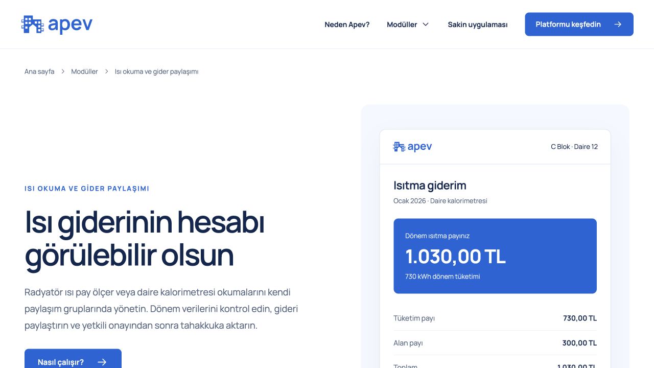 Isı okuma ve gider paylaşımı — Apev modül sayfasındaki örnek sakin görünümü; ekrandaki tutarlar temsilidir.